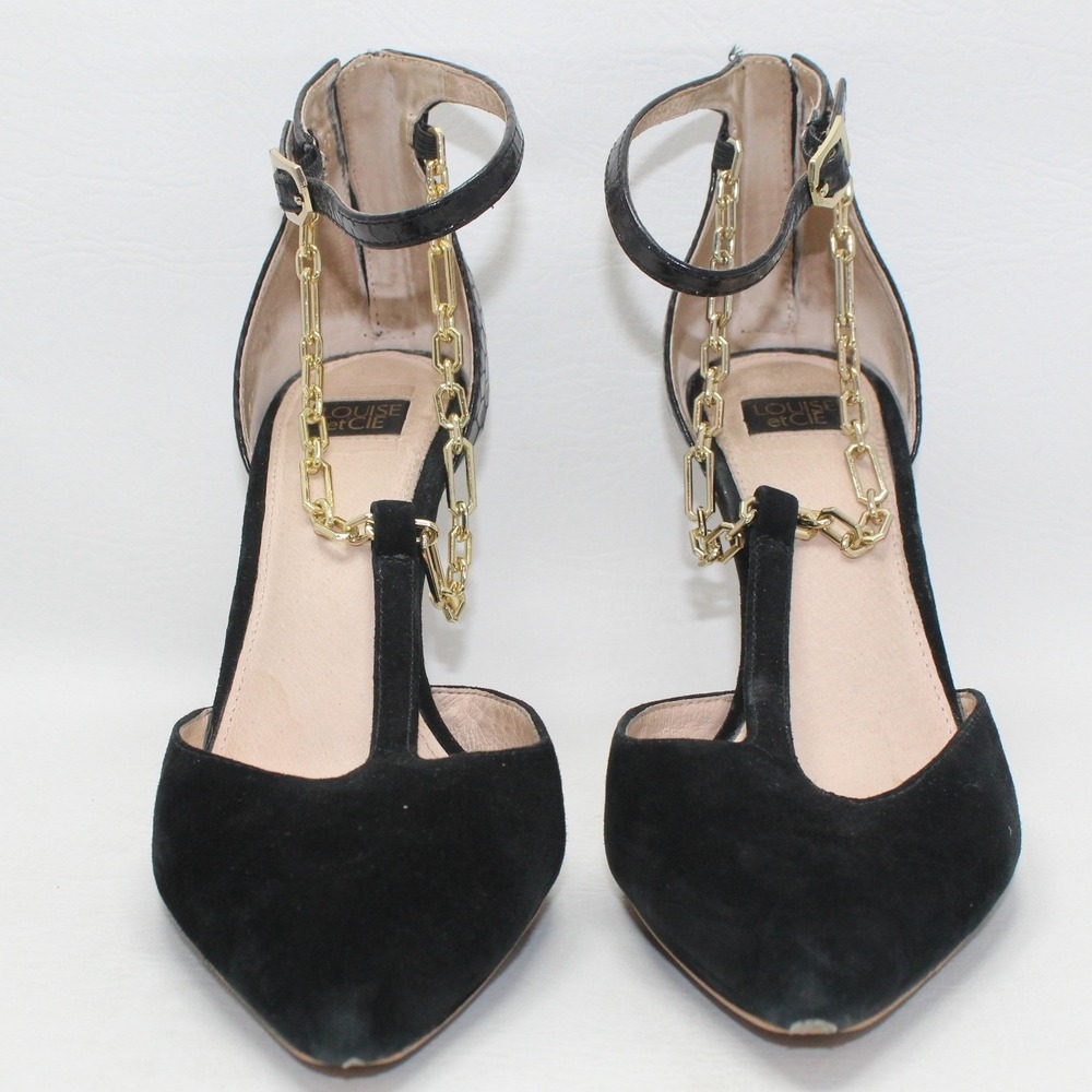 Louise et Cie LO-TAITE Black Suede Chain T-Strap Pumps Snakeskin‎ Heel 9M